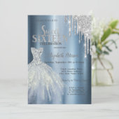 Silver Glitter Drips, Blue Dress Metallic Sweet 16 Kaart (Staand voorkant)