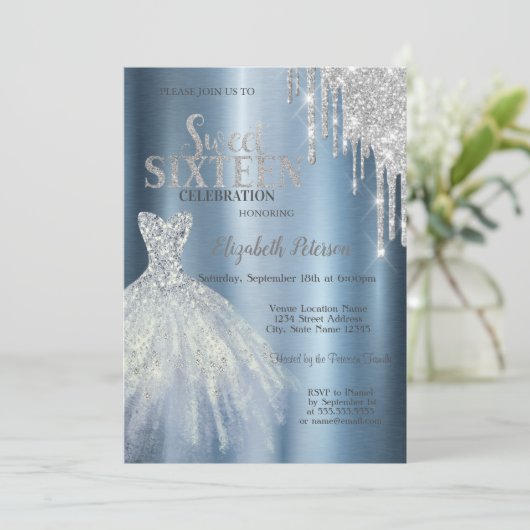Silver Glitter Drips, Blue Dress Metallic Sweet 16 Kaart (Staand voorkant)