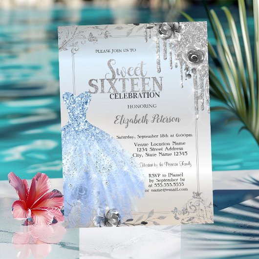 Silver Glitter Drips, Blue Dress Rozen Sweet 16 Kaart