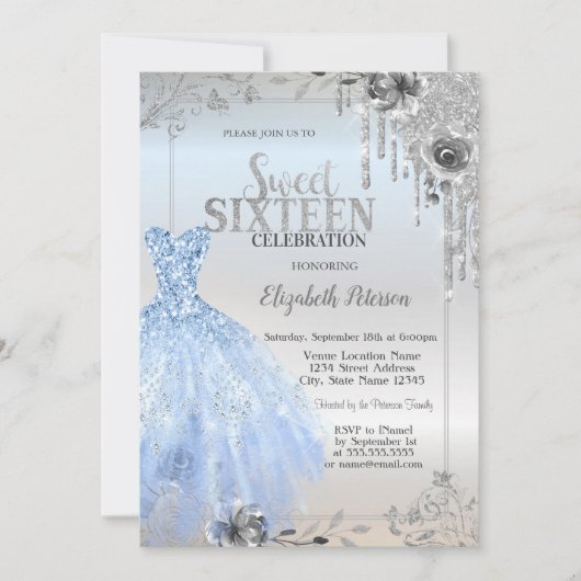 Silver Glitter Drips, Blue Dress Rozen Sweet 16 Kaart (Voorkant)