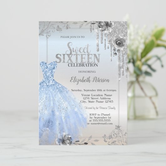 Silver Glitter Drips, Blue Dress Rozen Sweet 16 Kaart (Staand voorkant)