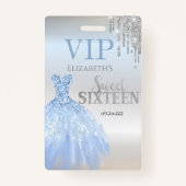Silver Glitter Drips, Blue Dress Silver Sweet 16 Badge (Voorkant)