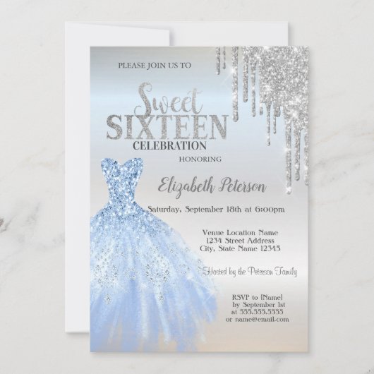 Silver Glitter Drips, Blue Dress Silver Sweet 16 Kaart (Voorkant)