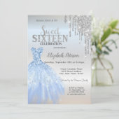 Silver Glitter Drips, Blue Dress Silver Sweet 16 Kaart (Staand voorkant)