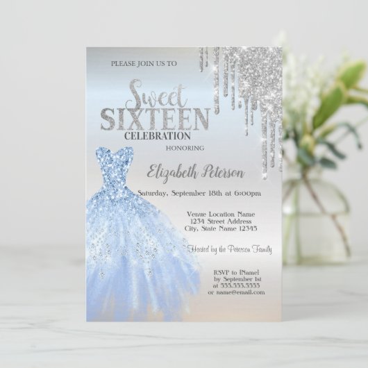 Silver Glitter Drips, Blue Dress Silver Sweet 16 Kaart (Staand voorkant)