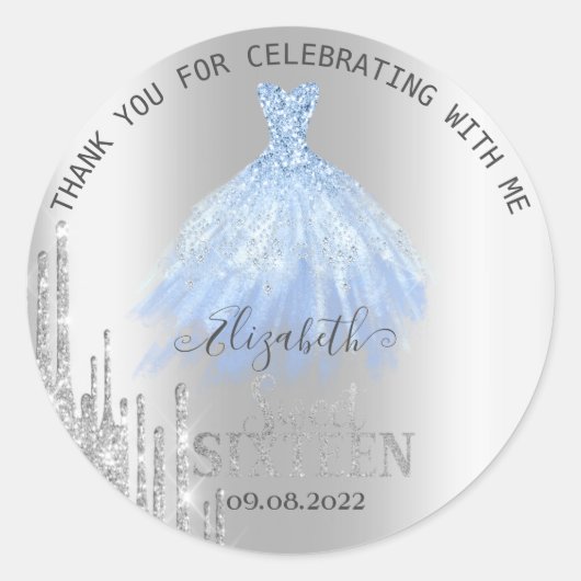 Silver Glitter Drips Blue Dress Sweet 16 Ronde Sticker (Voorkant)