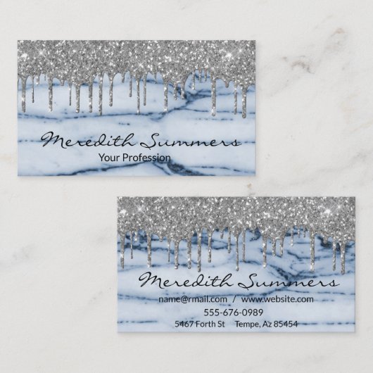 Silver Glitter Drips Blue Marble Customize Glitter Visitekaartje (Voorkant / Achterkant)