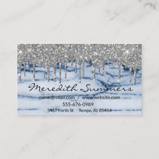 Silver Glitter Drips Blue Marble Customize Glitter Visitekaartje (Achterkant)