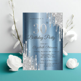 Silver Glitter Drips Blue Metallic 30th Birthday Kaart