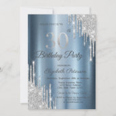 Silver Glitter Drips Blue Metallic 30th Birthday Kaart (Voorkant)