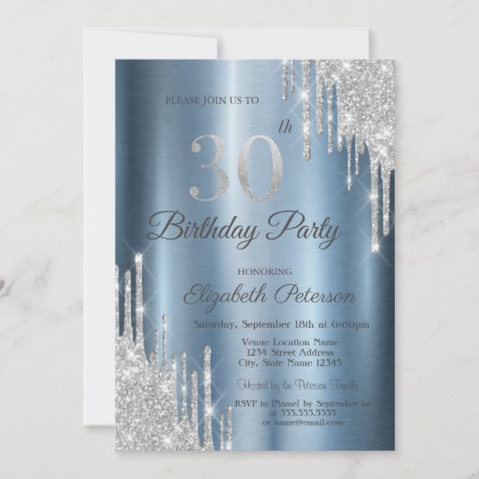 Silver Glitter Drips Blue Metallic 30th Birthday Kaart (Voorkant)