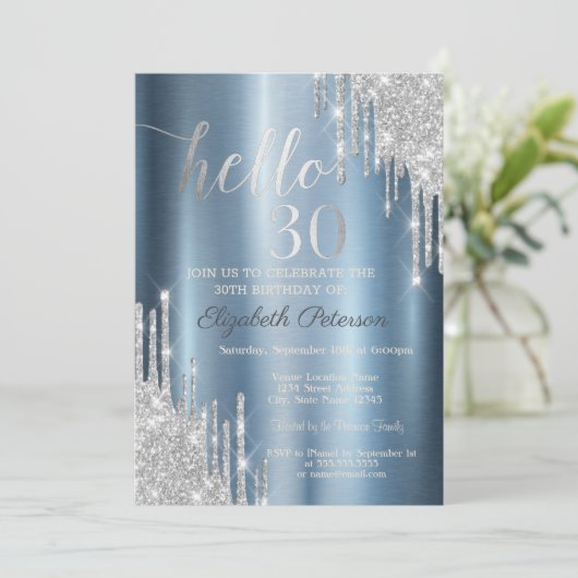 Silver Glitter Drips Blue Metallic 30th Birthday Kaart (Staand voorkant)
