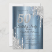 Silver Glitter Drips Blue Metallic 50th Birthday Kaart (Voorkant)