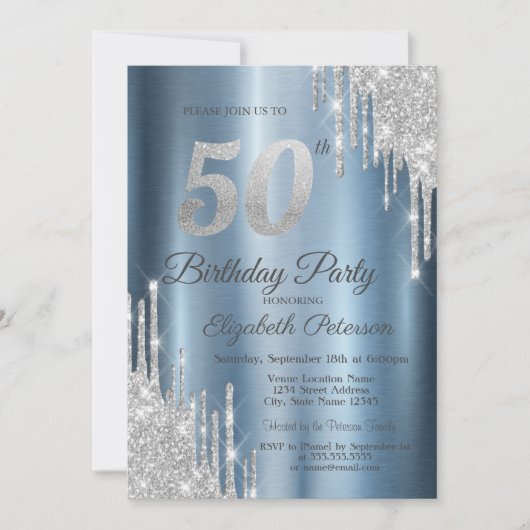 Silver Glitter Drips Blue Metallic 50th Birthday Kaart (Voorkant)
