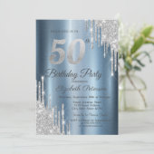 Silver Glitter Drips Blue Metallic 50th Birthday Kaart (Staand voorkant)