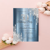 Silver Glitter Drips Blue Metallic 50th Birthday Kaart
