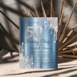 Silver Glitter Drips Blue Metallic 50th Birthday Kaart