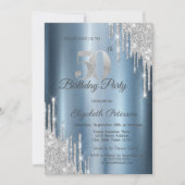 Silver Glitter Drips Blue Metallic 50th Birthday Kaart (Voorkant)