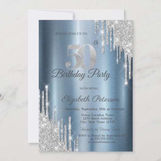 Silver Glitter Drips Blue Metallic 50th Birthday Kaart (Voorkant)