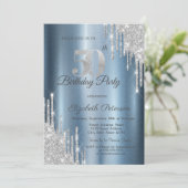 Silver Glitter Drips Blue Metallic 50th Birthday Kaart (Staand voorkant)