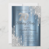 Silver Glitter Drips Blue Metallic 70th Birthday Kaart (Voorkant)