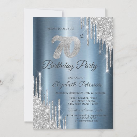 Silver Glitter Drips Blue Metallic 70th Birthday Kaart (Voorkant)
