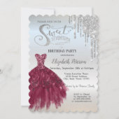 Silver Glitter Drips, Burgundy Dress Sweet 17 Kaart (Voorkant)
