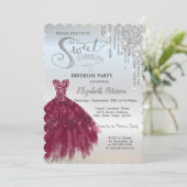 Silver Glitter Drips, Burgundy Dress Sweet 17 Kaart (Staand voorkant)