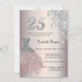 Silver Glitter Drips, Chic Dress 25th Birthday Kaart (Voorkant)