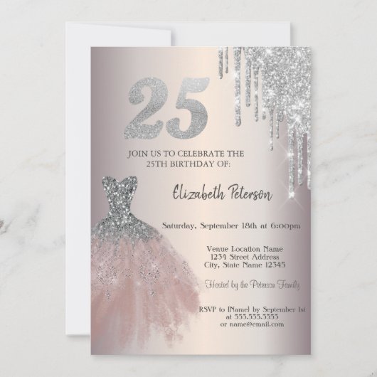 Silver Glitter Drips, Chic Dress 25th Birthday Kaart (Voorkant)