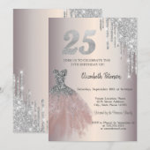 Silver Glitter Drips, Chic Dress 25th Birthday Kaart (Voorkant / Achterkant)