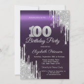 Silver Glitter Drips Donker Paarse 100e Verjaardag Kaart (Voorkant)