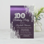 Silver Glitter Drips Donker Paarse 100e Verjaardag Kaart (Staand voorkant)