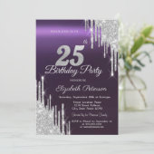 Silver Glitter Drips Donker Paarse 25e Verjaardag Kaart (Staand voorkant)