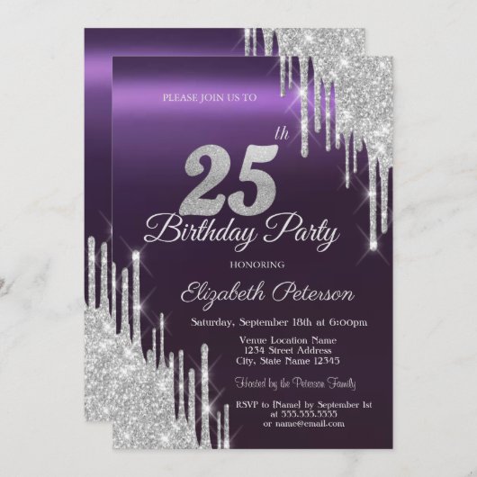 Silver Glitter Drips Donker Paarse 25e Verjaardag Kaart (Voorkant / Achterkant)