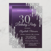 Silver Glitter Drips Donker Paarse 30e Verjaardag Kaart (Voorkant / Achterkant)