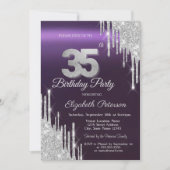 Silver Glitter Drips Donker Paarse 35e Verjaardag Kaart (Voorkant)