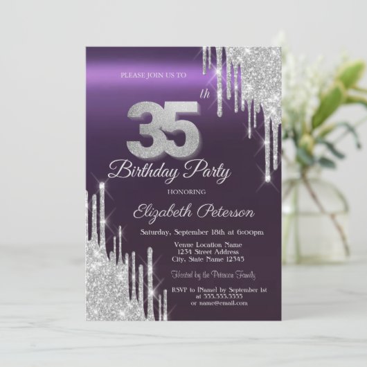 Silver Glitter Drips Donker Paarse 35e Verjaardag Kaart (Staand voorkant)