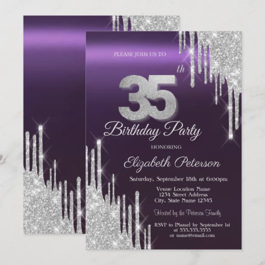 Silver Glitter Drips Donker Paarse 35e Verjaardag Kaart (Voorkant / Achterkant)