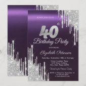 Silver Glitter Drips Donker Paarse 40e Verjaardag Kaart (Voorkant / Achterkant)