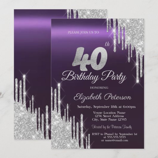 Silver Glitter Drips Donker Paarse 40e Verjaardag Kaart (Voorkant / Achterkant)