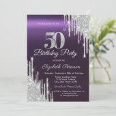 Silver Glitter Drips Donker Paarse 50e Verjaardag Kaart (Staand voorkant)