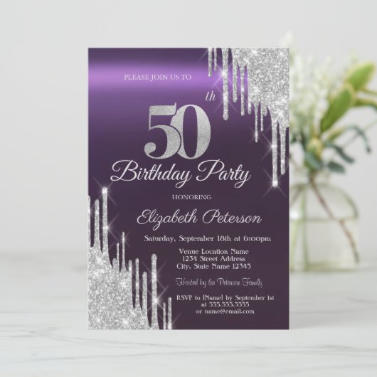 Silver Glitter Drips Donker Paarse 50e Verjaardag Kaart (Staand voorkant)