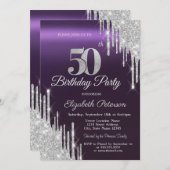 Silver Glitter Drips Donker Paarse 50e Verjaardag Kaart (Voorkant / Achterkant)