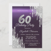 Silver Glitter Drips Donker Paarse 60e Verjaardag Kaart (Voorkant)