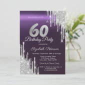 Silver Glitter Drips Donker Paarse 60e Verjaardag Kaart (Staand voorkant)