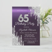 Silver Glitter Drips Donker Paarse 65e Verjaardag Kaart (Staand voorkant)