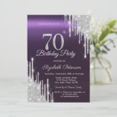 Silver Glitter Drips Donker Paarse 70e Verjaardag Kaart (Staand voorkant)