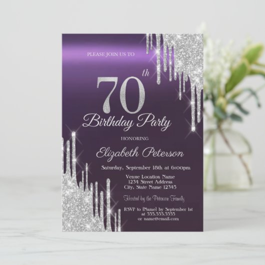 Silver Glitter Drips Donker Paarse 70e Verjaardag Kaart (Staand voorkant)