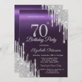 Silver Glitter Drips Donker Paarse 70e Verjaardag Kaart (Voorkant / Achterkant)